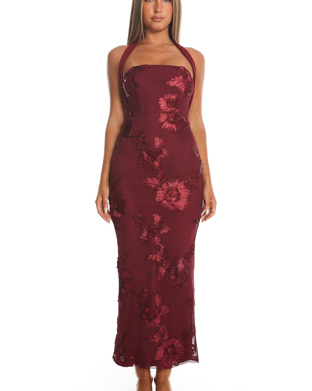 Wine Halterneck Embellished Maxi Dress