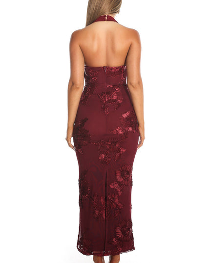 Wine Halterneck Embellished Maxi Dress