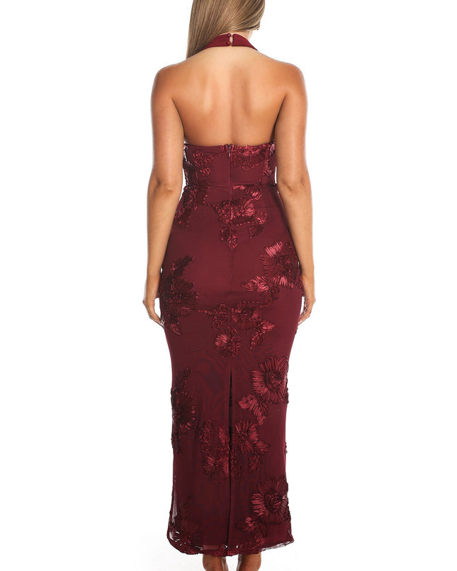 Wine Halterneck Embellished Maxi Dress