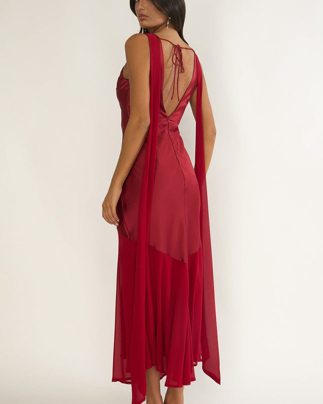Wine Shoulder Sash Maxi Dress