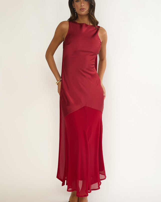 Wine Shoulder Sash Maxi Dress