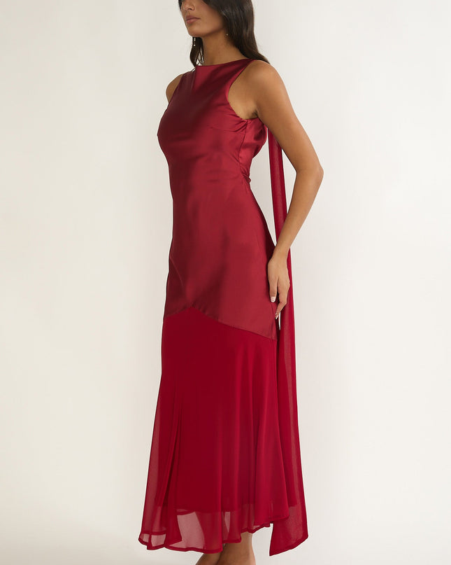 Wine Shoulder Sash Maxi Dress