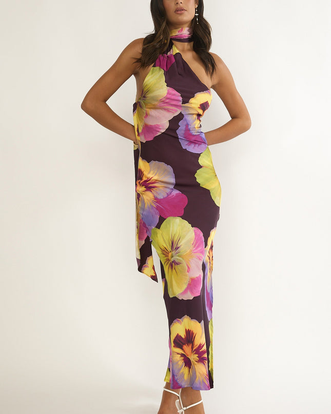 Plum Open Cowl Back Maxi Dress Pansies