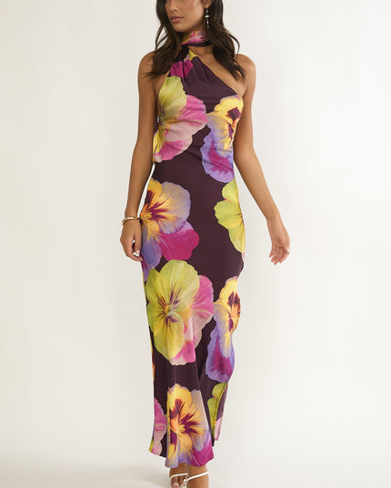 Plum Open Cowl Back Maxi Dress Pansies