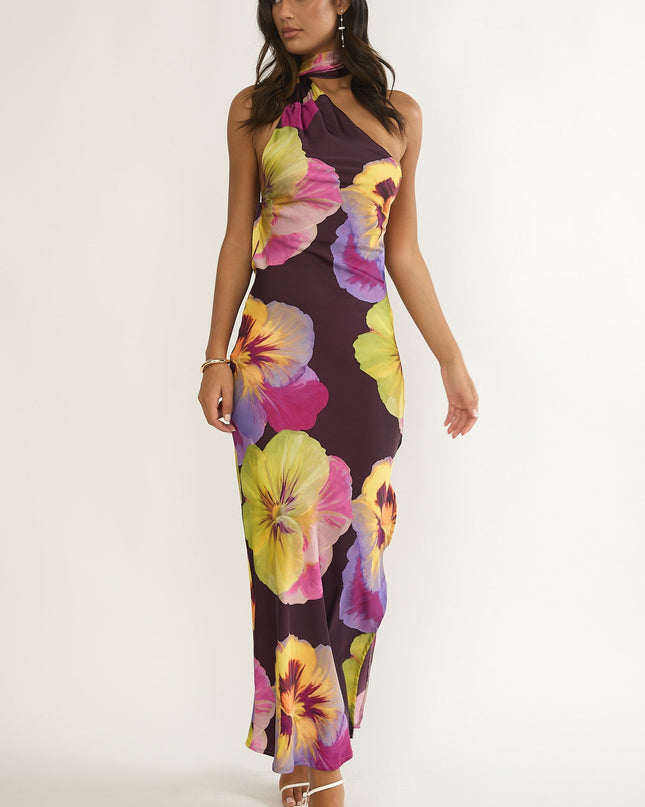 Plum Open Cowl Back Maxi Dress Pansies