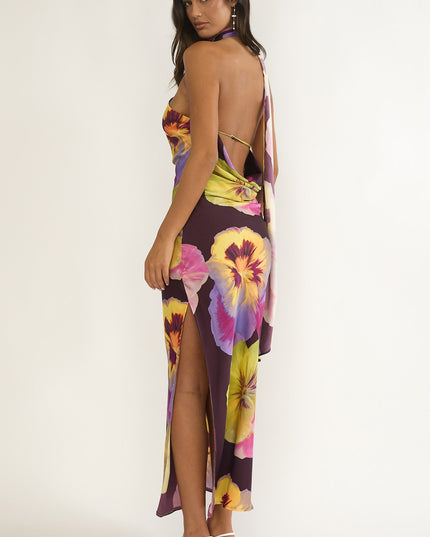 Plum Open Cowl Back Maxi Dress Pansies