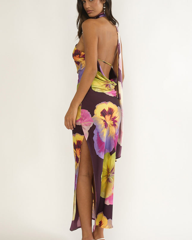 Plum Open Cowl Back Maxi Dress Pansies