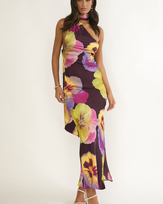 Plum Open Cowl Back Maxi Dress Pansies