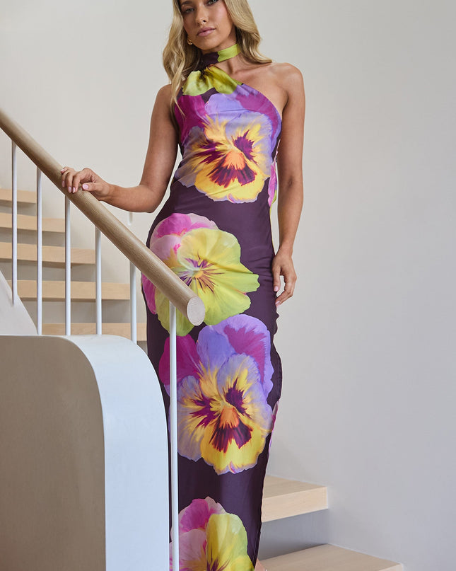 Plum Open Cowl Back Maxi Dress Pansies