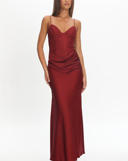 Wine Draped Waist Maxi Dress