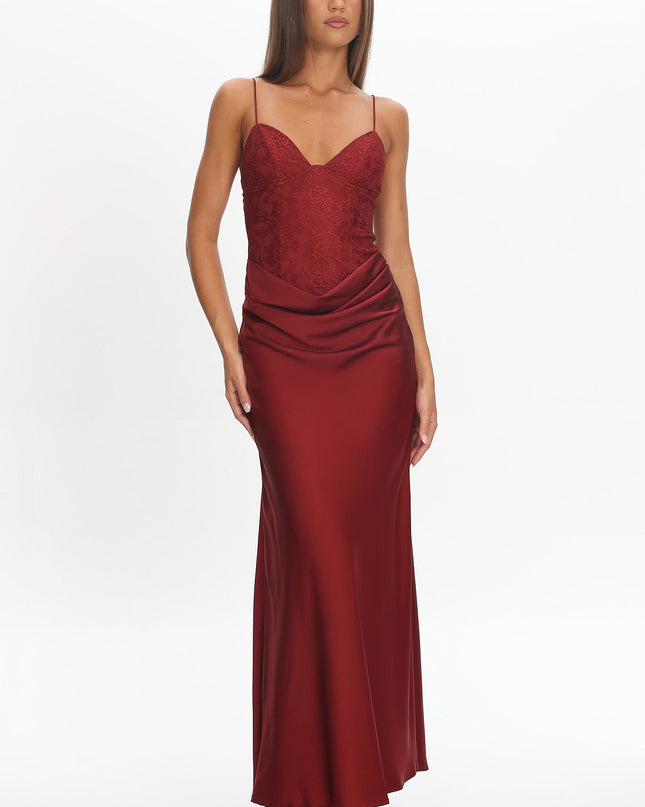 Wine Draped Waist Maxi Dress