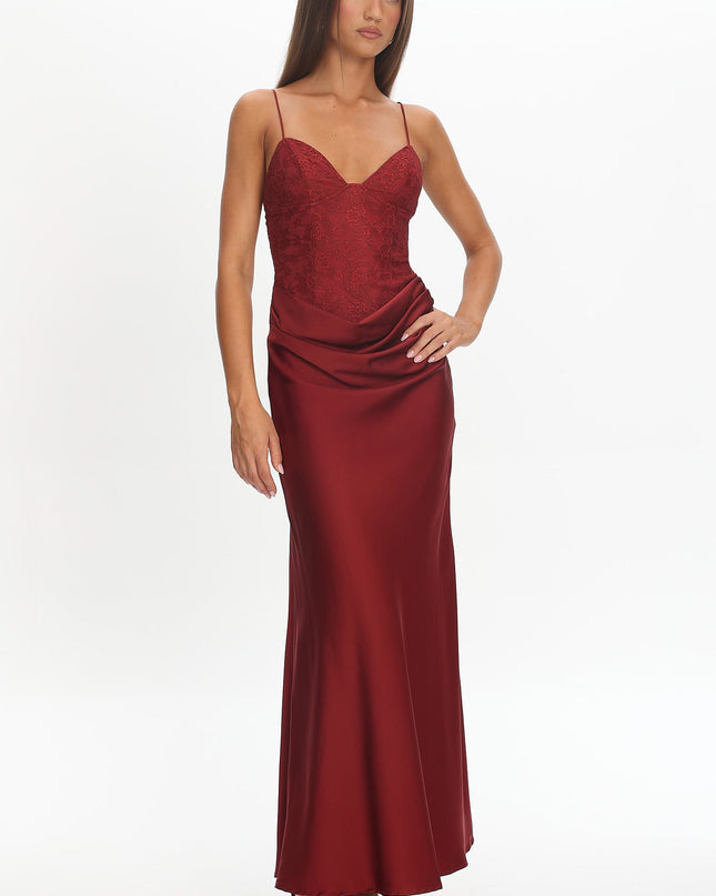 Wine Draped Waist Maxi Dress
