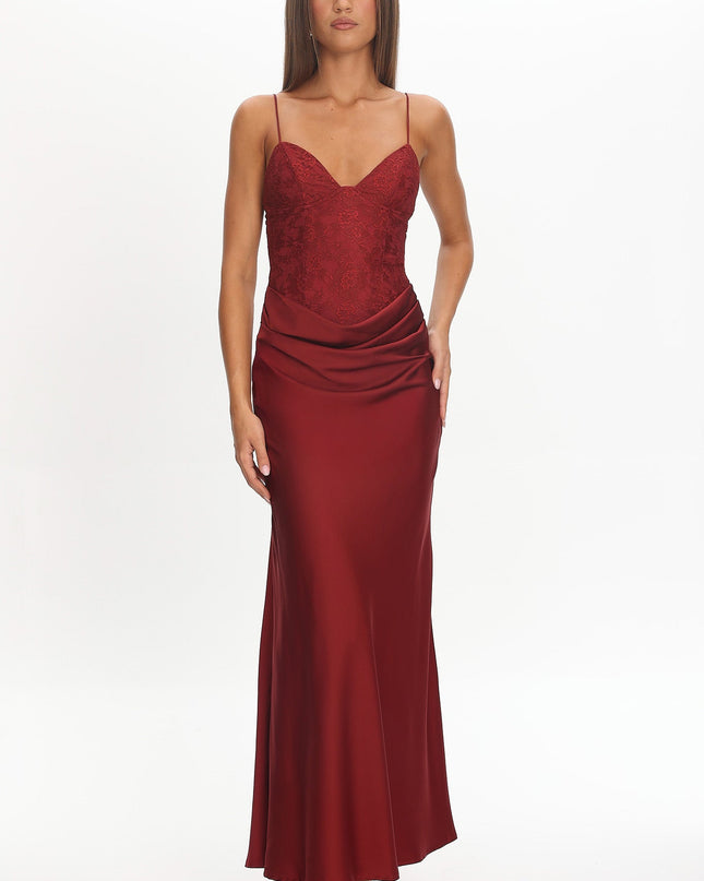 Wine Draped Waist Maxi Dress