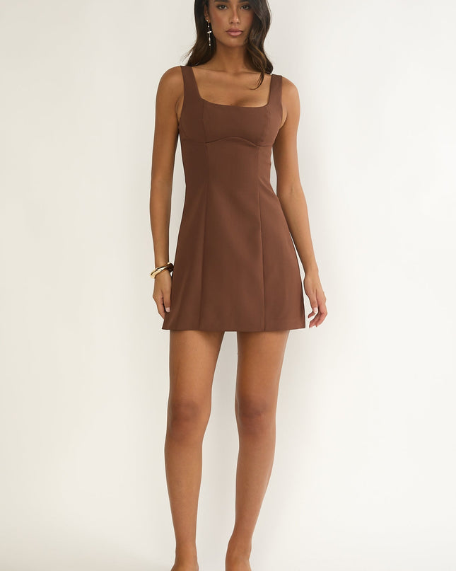 Square Neckline Mini Dress Coffee