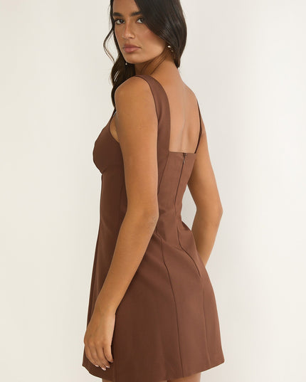 Square Neckline Mini Dress Coffee