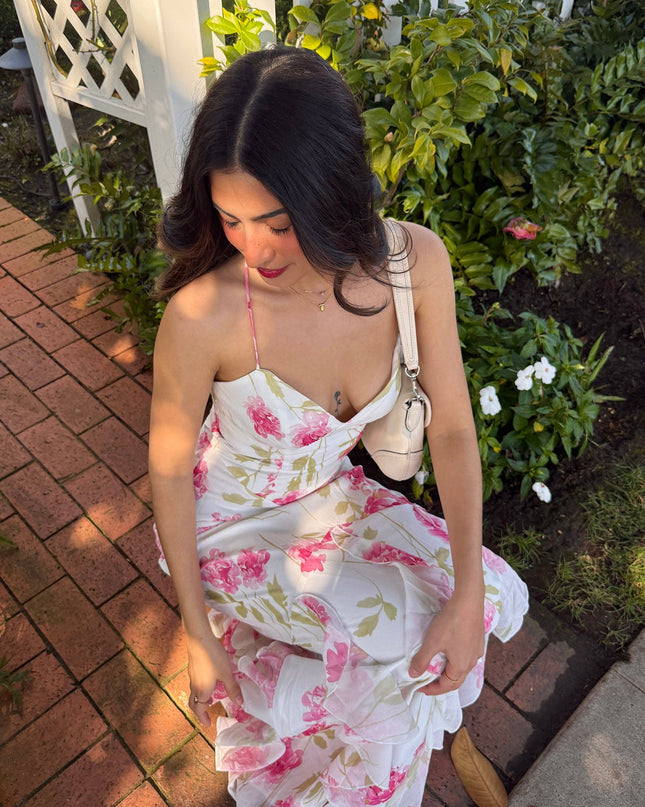 White Strappy Back Ruffle Maxi Dress Flowers