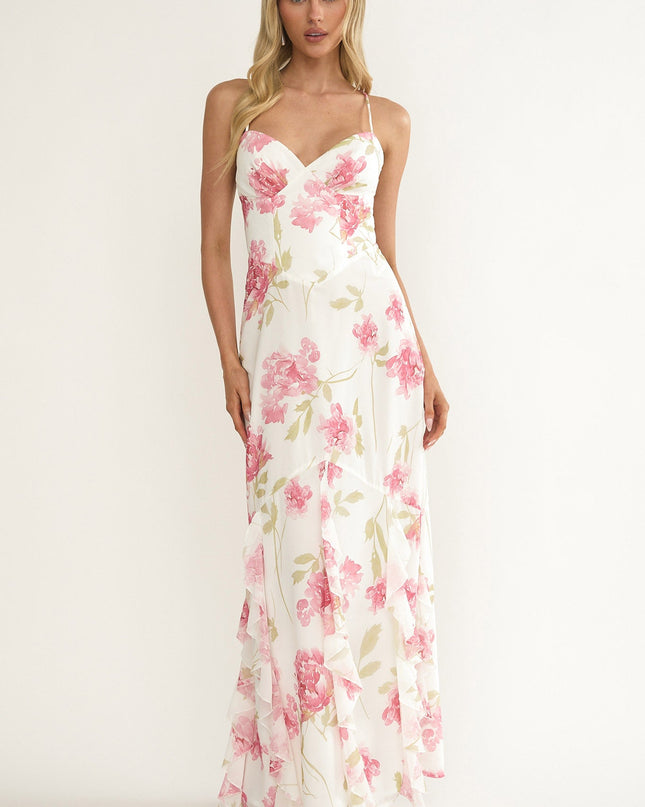 White Strappy Back Ruffle Maxi Dress Flowers