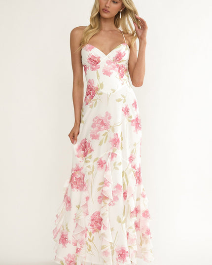 White Strappy Back Ruffle Maxi Dress Flowers