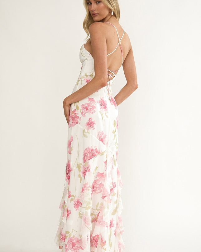 White Strappy Back Ruffle Maxi Dress Flowers