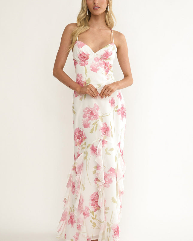 White Strappy Back Ruffle Maxi Dress Flowers