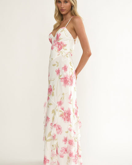 White Strappy Back Ruffle Maxi Dress Flowers