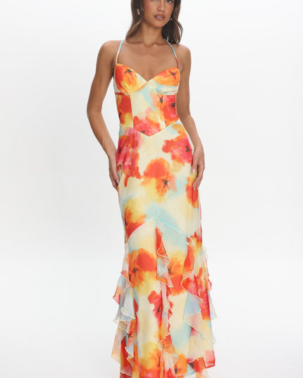 Orange Watercolour Floral Halter Maxi Dress