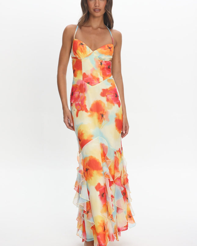 Orange Watercolour Floral Halter Maxi Dress