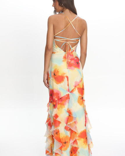 Orange Watercolour Floral Halter Maxi Dress