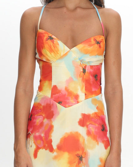 Orange Watercolour Floral Halter Maxi Dress