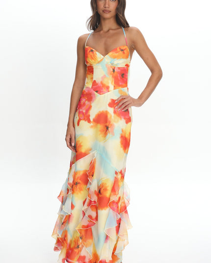 Orange Watercolour Floral Halter Maxi Dress