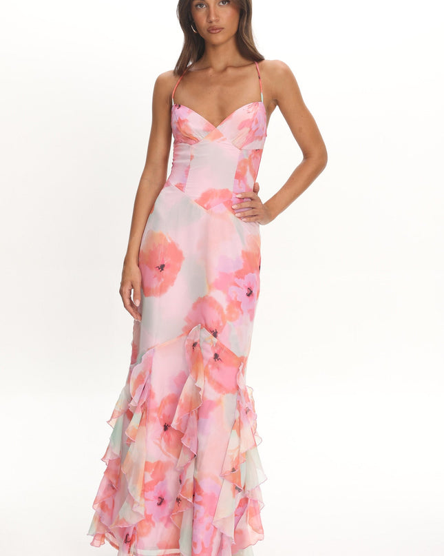 Pink Strappy Back Ruffle Maxi Dress Flowers
