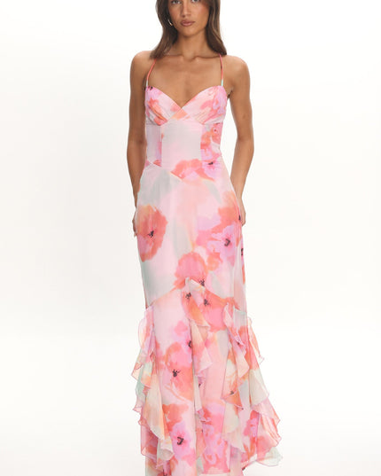 Pink Strappy Back Ruffle Maxi Dress Flowers