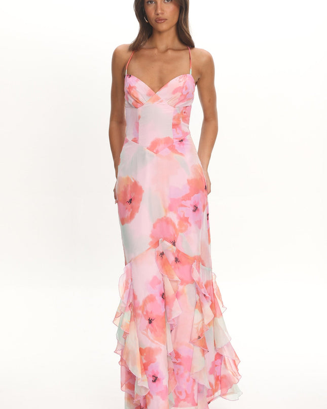 Pink Strappy Back Ruffle Maxi Dress Flowers