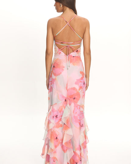 Pink Strappy Back Ruffle Maxi Dress Flowers