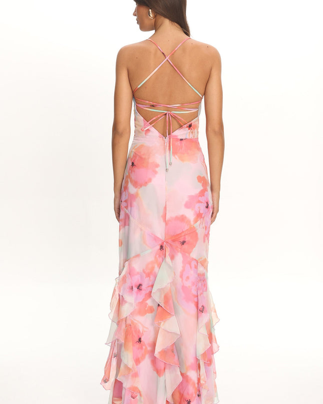 Pink Strappy Back Ruffle Maxi Dress Flowers