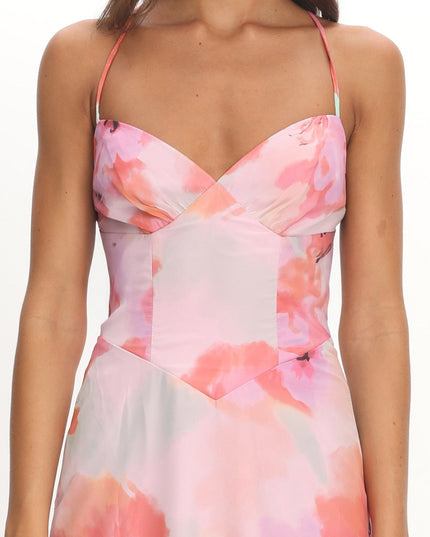Pink Strappy Back Ruffle Maxi Dress Flowers