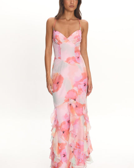 Pink Strappy Back Ruffle Maxi Dress Flowers
