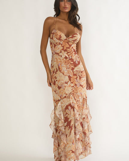 Yellow Strappy Back Ruffle Maxi Dress Floral
