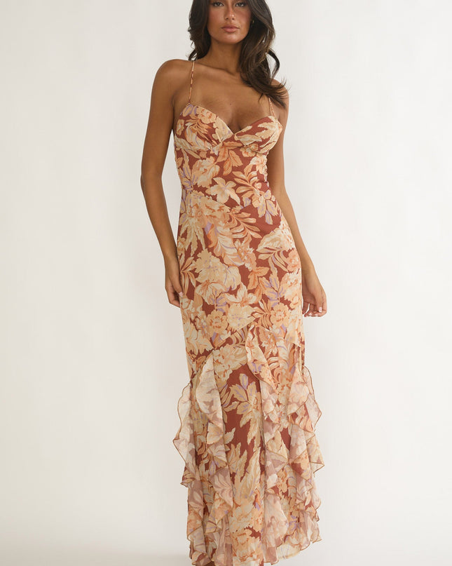 Yellow Strappy Back Ruffle Maxi Dress Floral