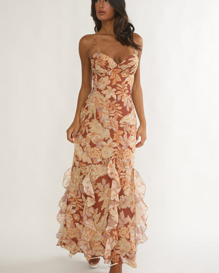 Yellow Strappy Back Ruffle Maxi Dress Floral