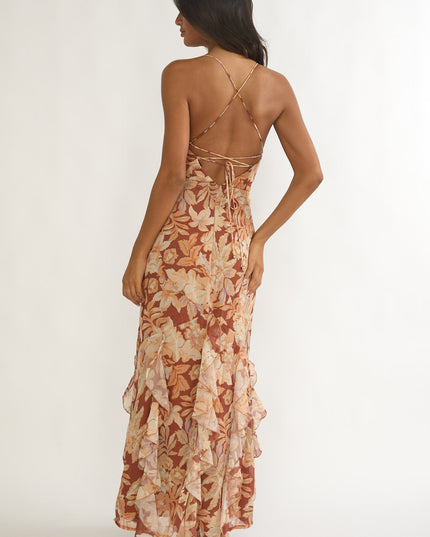 Yellow Strappy Back Ruffle Maxi Dress Floral