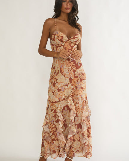 Yellow Strappy Back Ruffle Maxi Dress Floral
