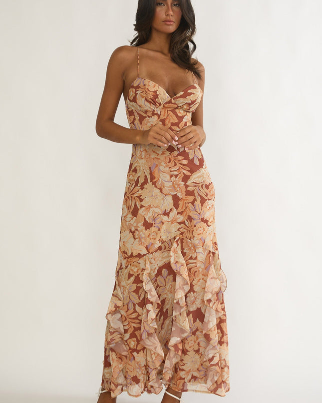 Yellow Strappy Back Ruffle Maxi Dress Floral