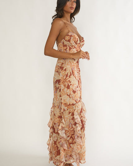 Yellow Strappy Back Ruffle Maxi Dress Floral