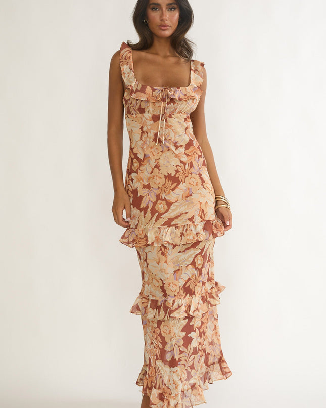 Yellow Tied Back Ruffle Maxi Dress Floral