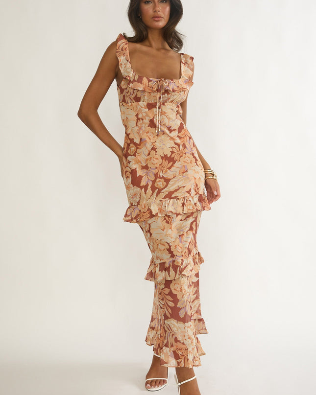 Yellow Tied Back Ruffle Maxi Dress Floral