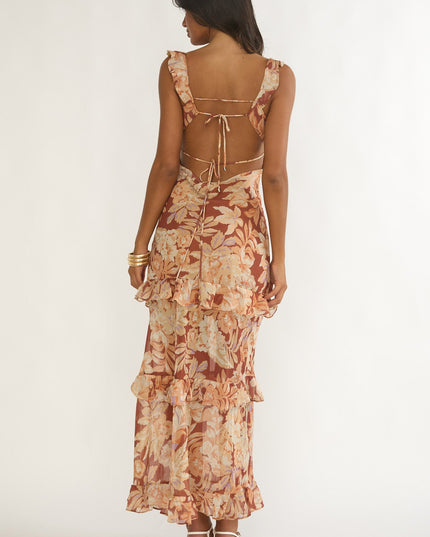 Yellow Tied Back Ruffle Maxi Dress Floral