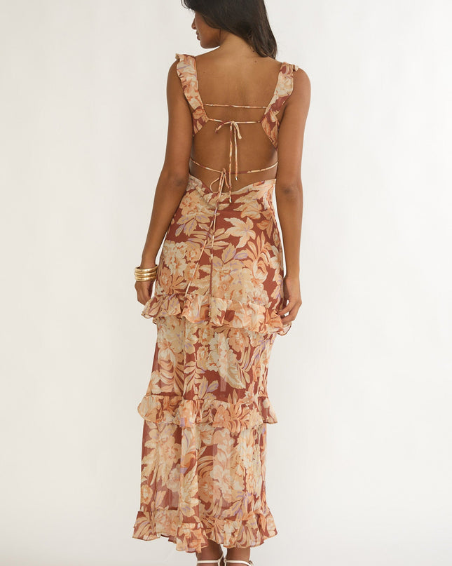 Yellow Tied Back Ruffle Maxi Dress Floral