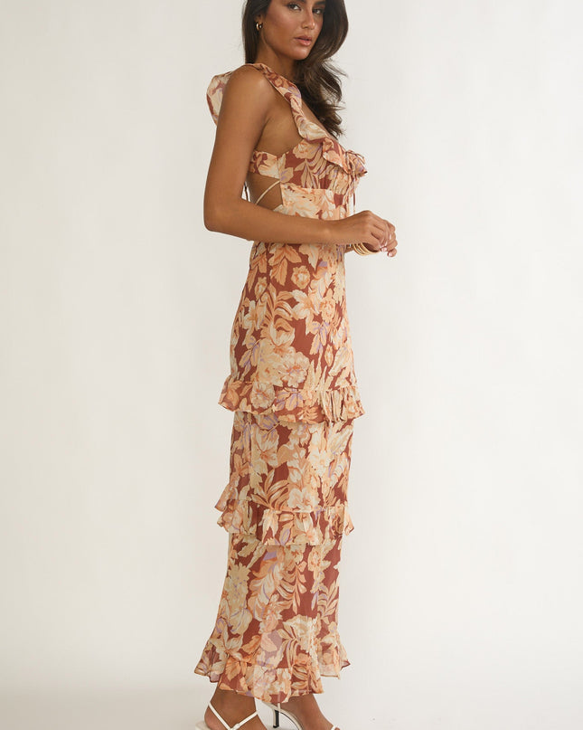 Yellow Tied Back Ruffle Maxi Dress Floral