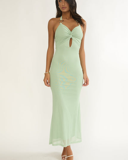 Sage Twist Bodice Mesh Maxi Dress